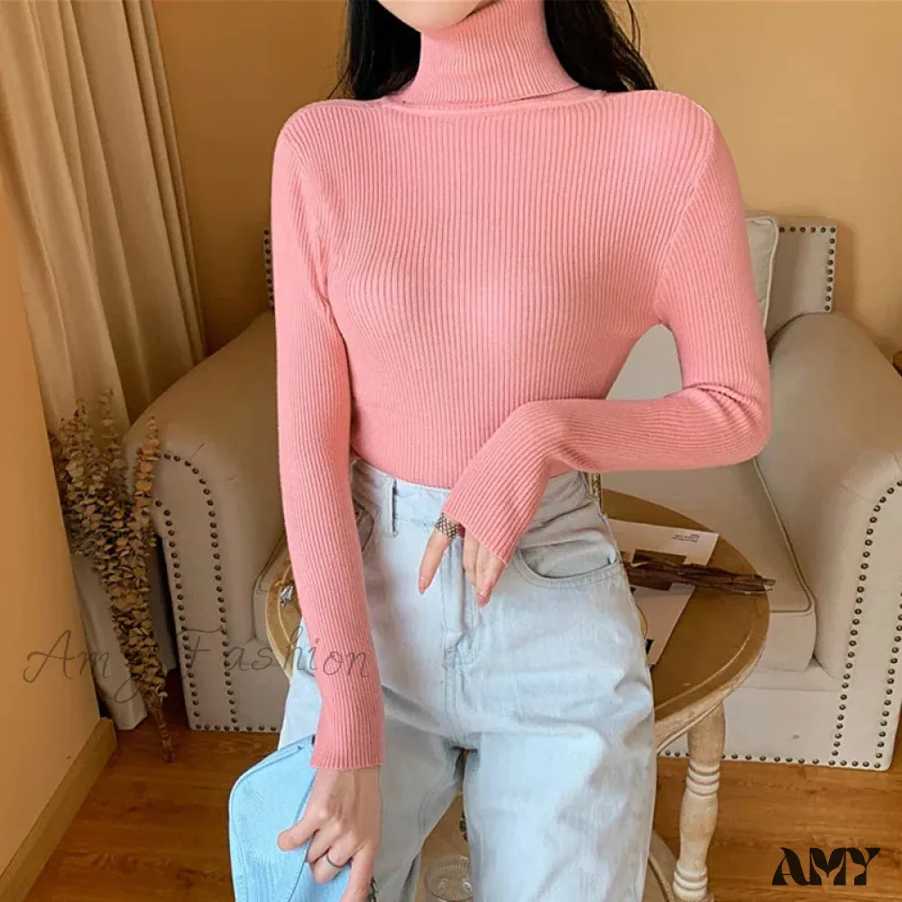 2024 Autumn Winter Women Long Sleeve Knitted Foldover Ribbed Pull Soft Warm Sweater