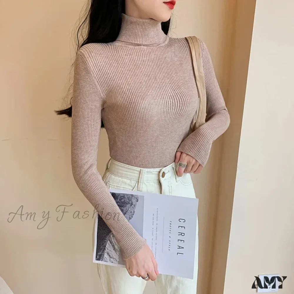 2024 Autumn Winter Women Long Sleeve Knitted Foldover Ribbed Pull Soft Warm Sweater