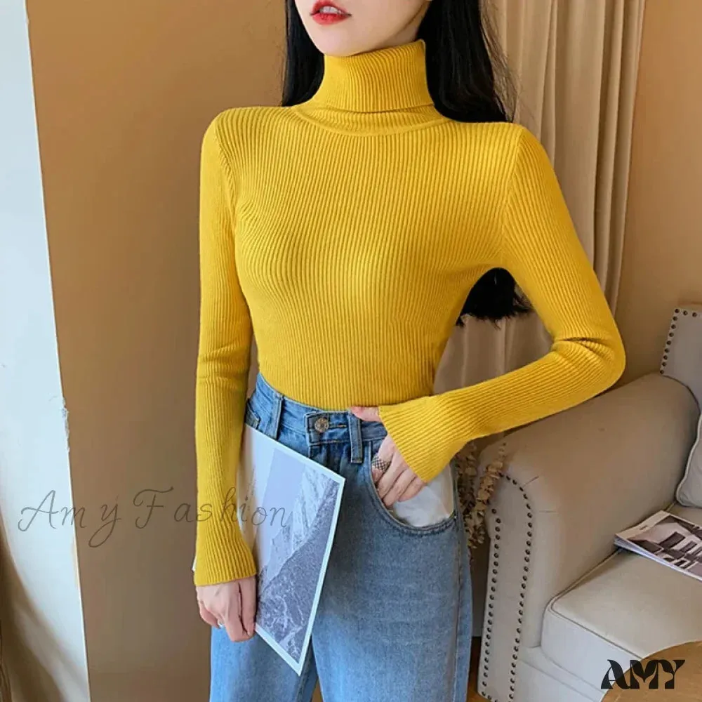 2024 Autumn Winter Women Long Sleeve Knitted Foldover Ribbed Pull Soft Warm Sweater