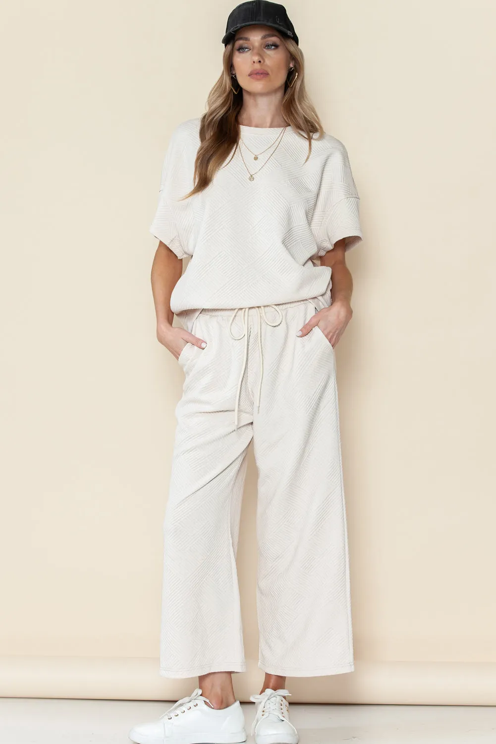 Apricot Textured Loose Fit T Shirt and Drawstring Pants Set