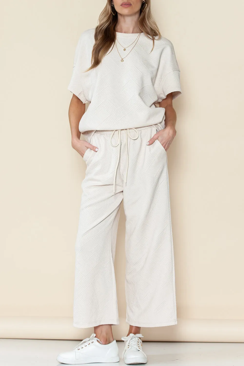 Apricot Textured Loose Fit T Shirt and Drawstring Pants Set