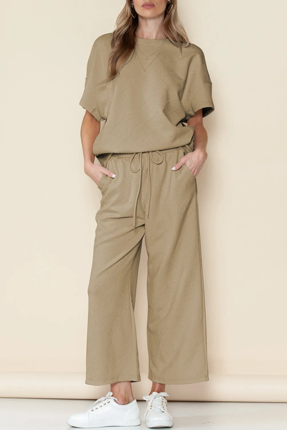 Apricot Textured Loose Fit T Shirt and Drawstring Pants Set