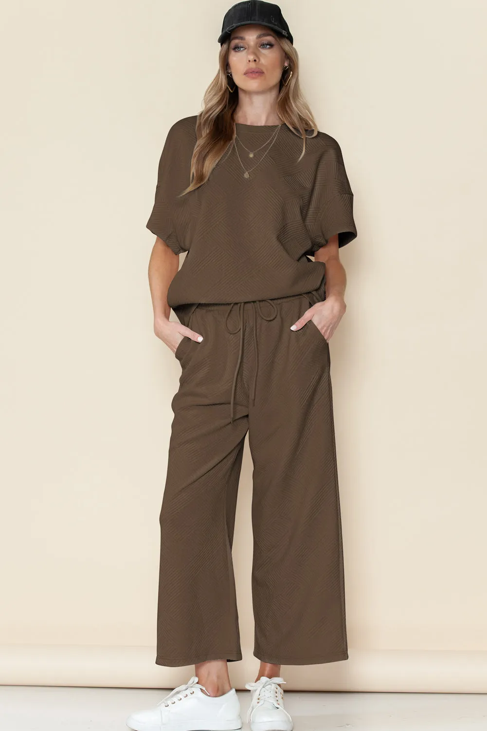 Apricot Textured Loose Fit T Shirt and Drawstring Pants Set