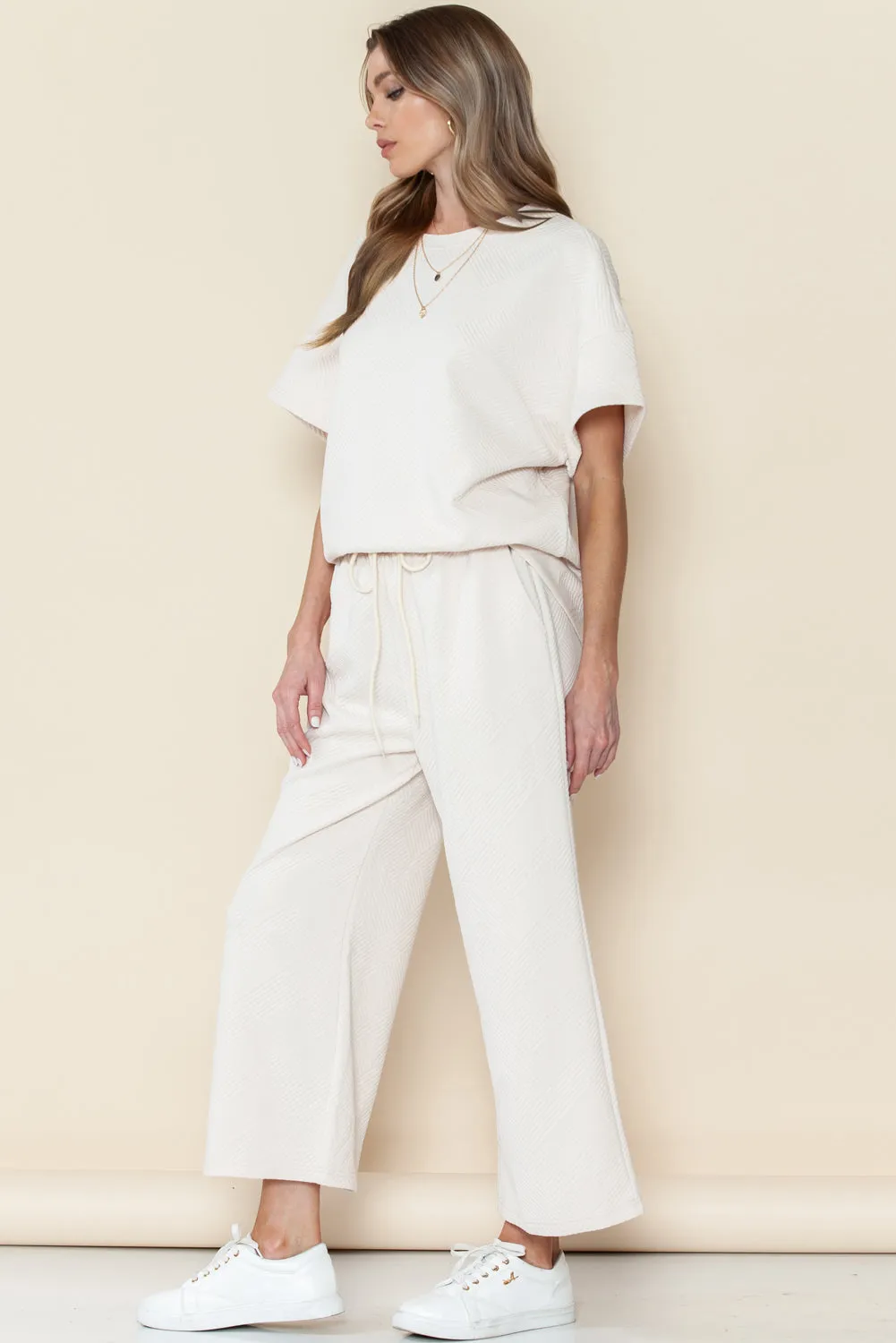 Apricot Textured Loose Fit T Shirt and Drawstring Pants Set