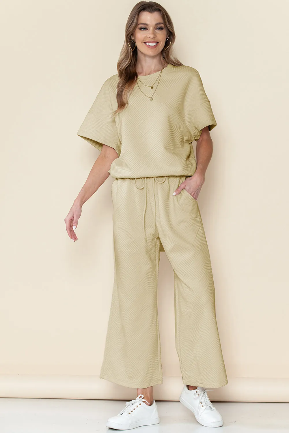 Apricot Textured Loose Fit T Shirt and Drawstring Pants Set