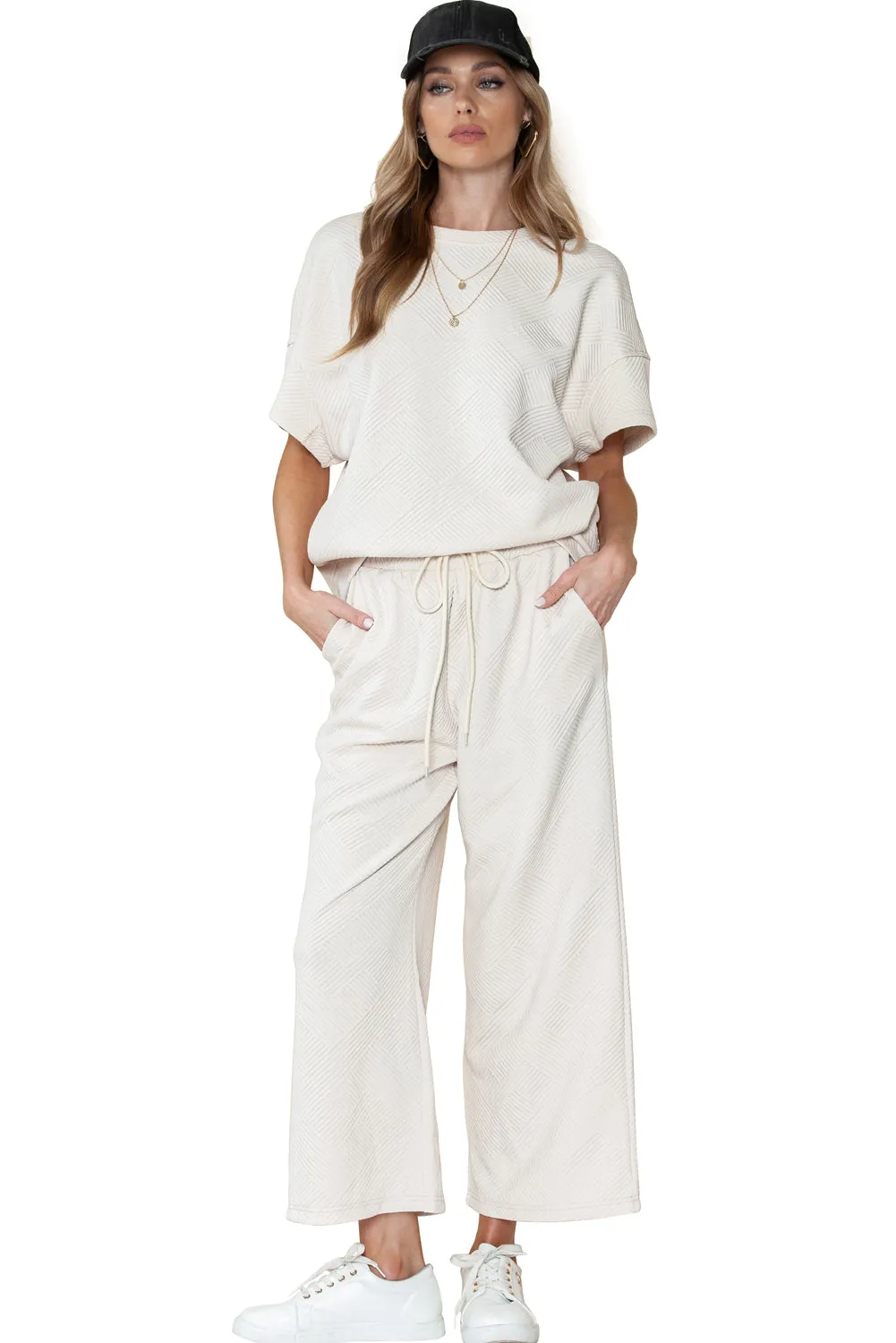 Apricot Textured Loose Fit T Shirt and Drawstring Pants Set