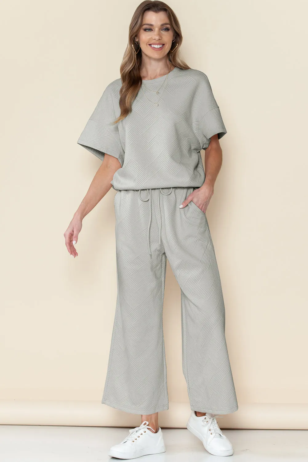 Apricot Textured Loose Fit T Shirt and Drawstring Pants Set