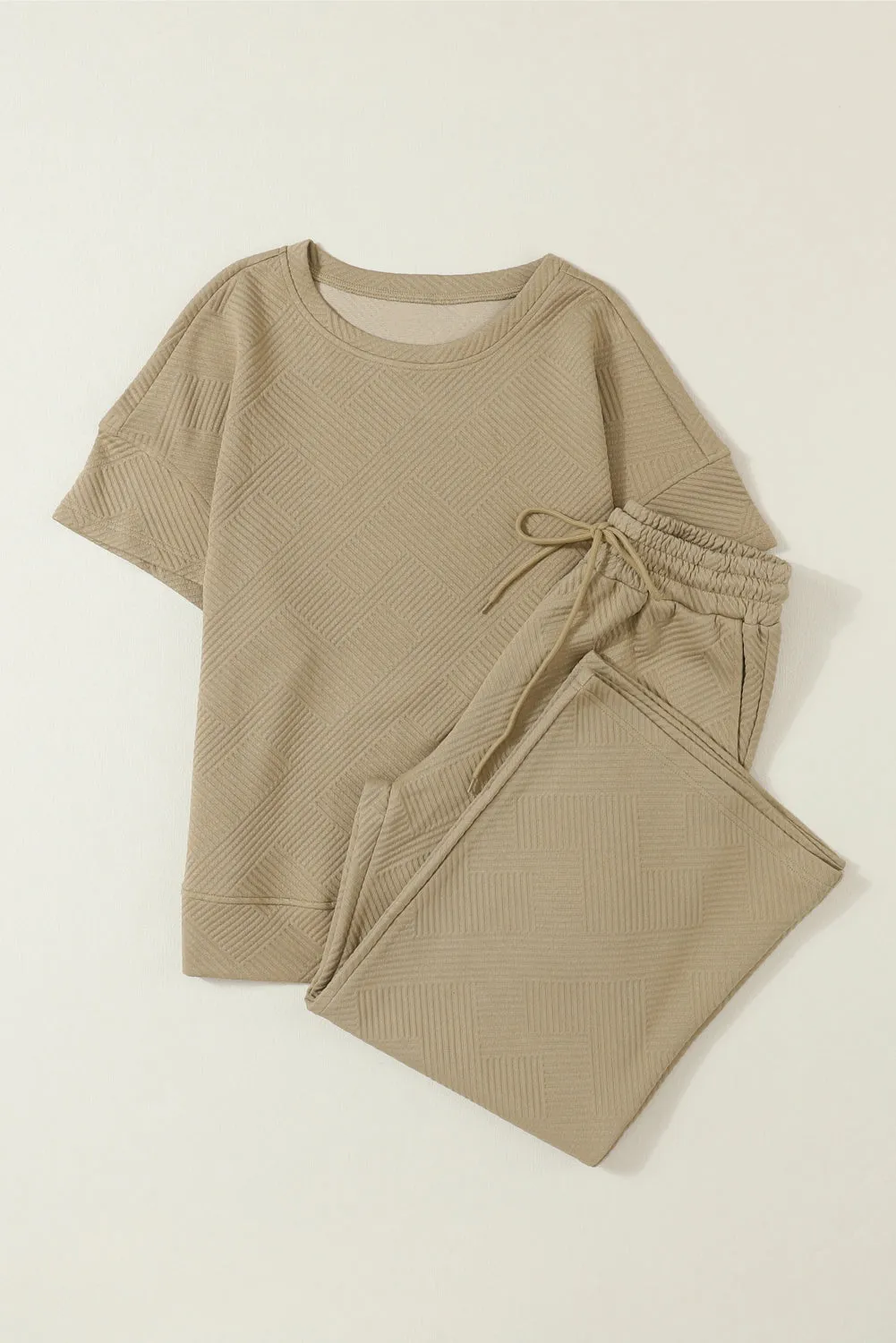 Apricot Textured Loose Fit T Shirt and Drawstring Pants Set