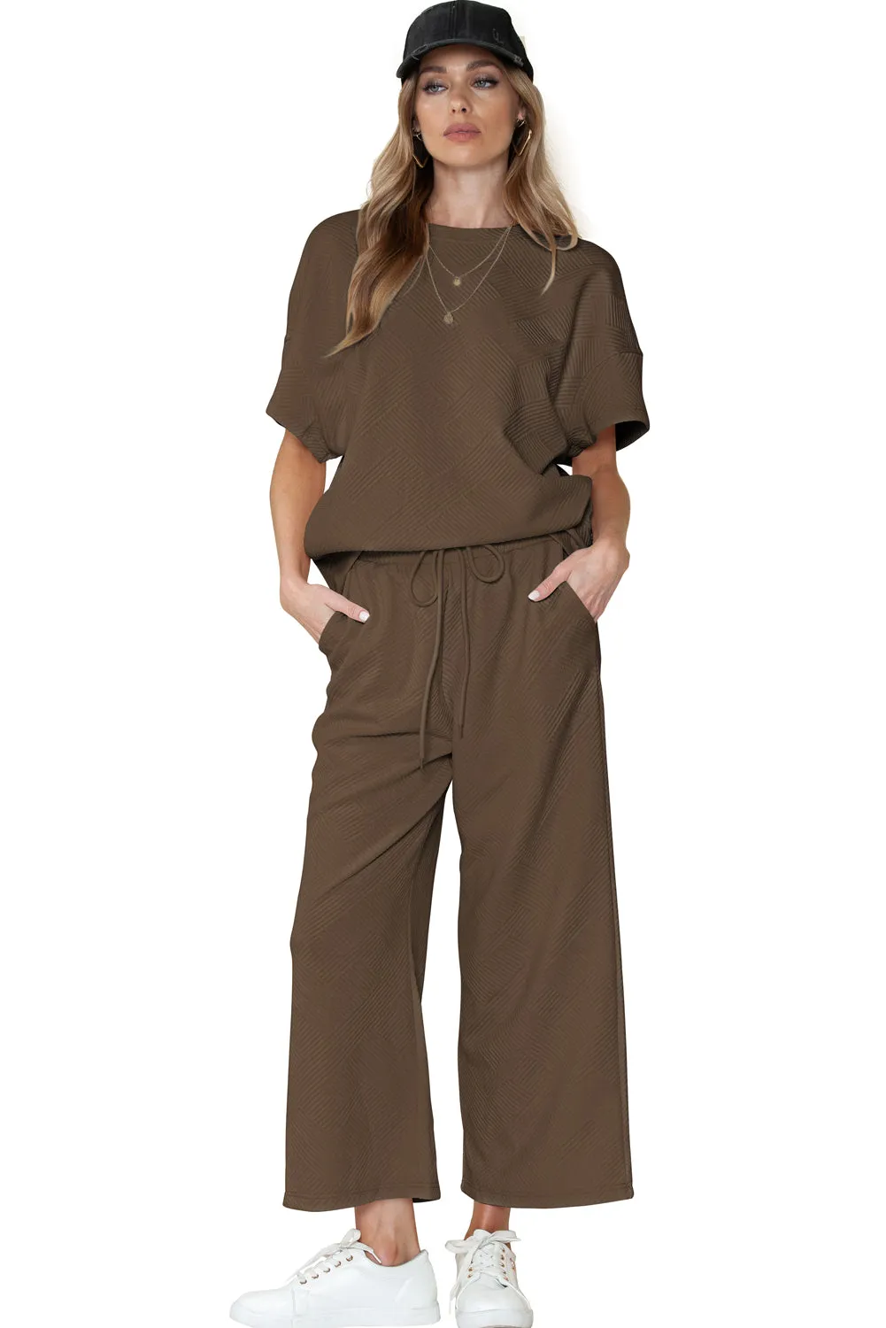 Apricot Textured Loose Fit T Shirt and Drawstring Pants Set