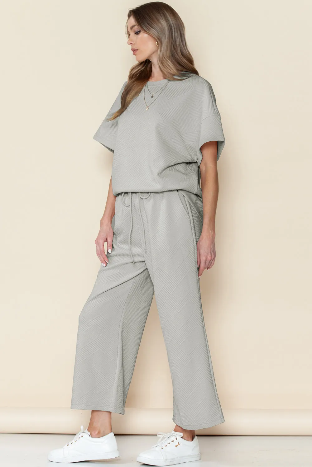 Apricot Textured Loose Fit T Shirt and Drawstring Pants Set