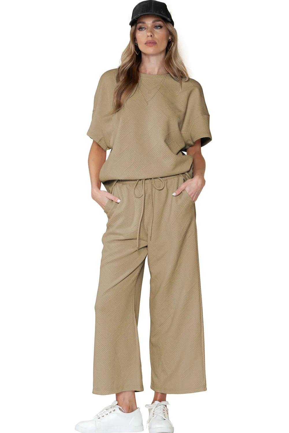 Apricot Textured Loose Fit T Shirt and Drawstring Pants Set