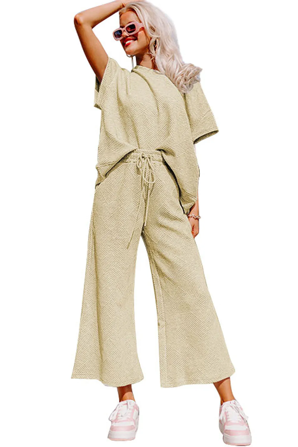 Apricot Textured Loose Fit T Shirt and Drawstring Pants Set