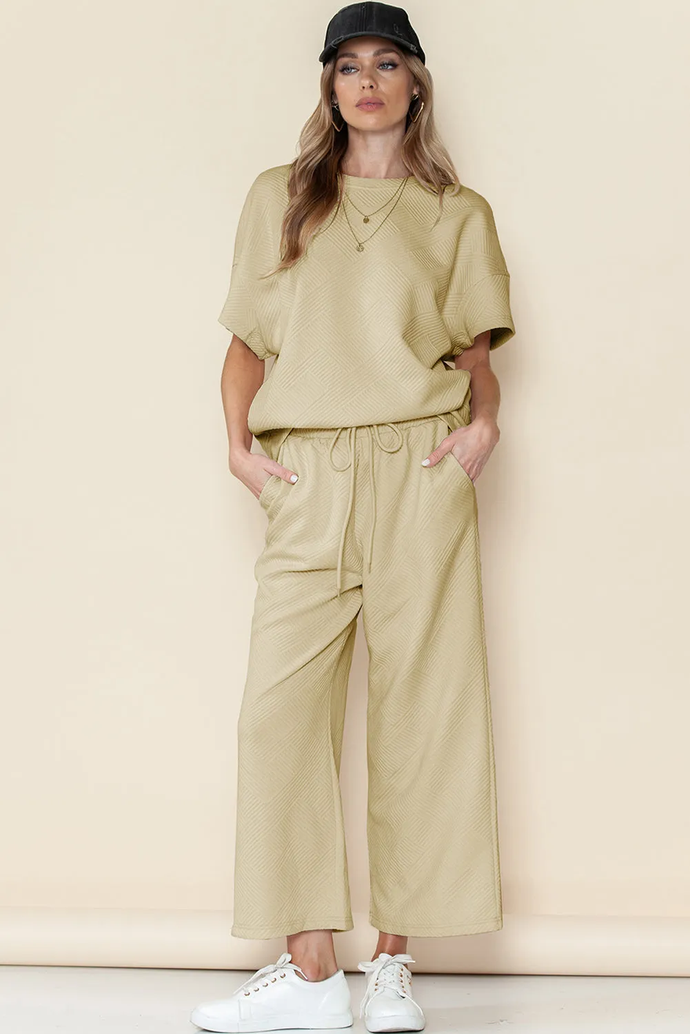 Apricot Textured Loose Fit T Shirt and Drawstring Pants Set