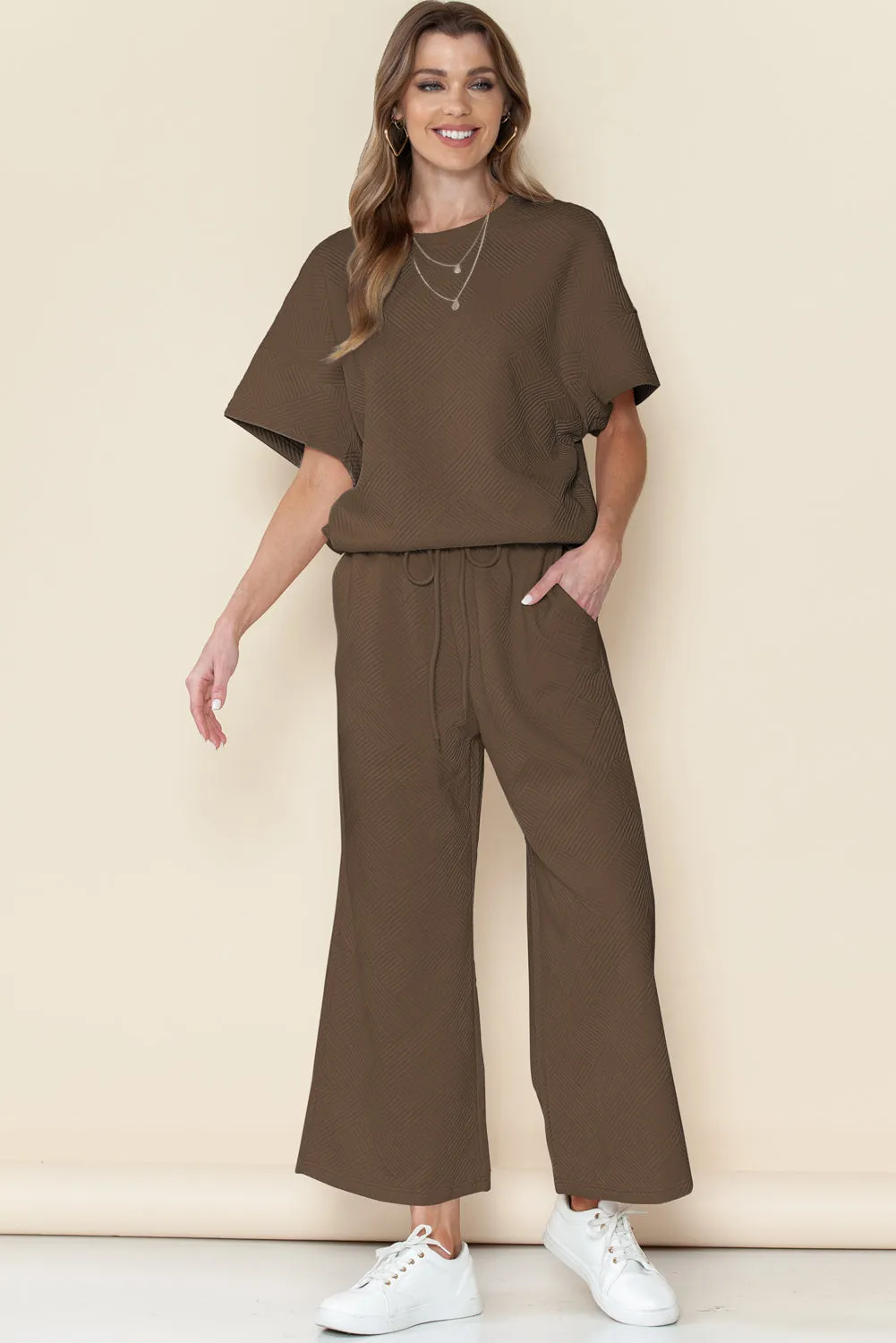 Apricot Textured Loose Fit T Shirt and Drawstring Pants Set