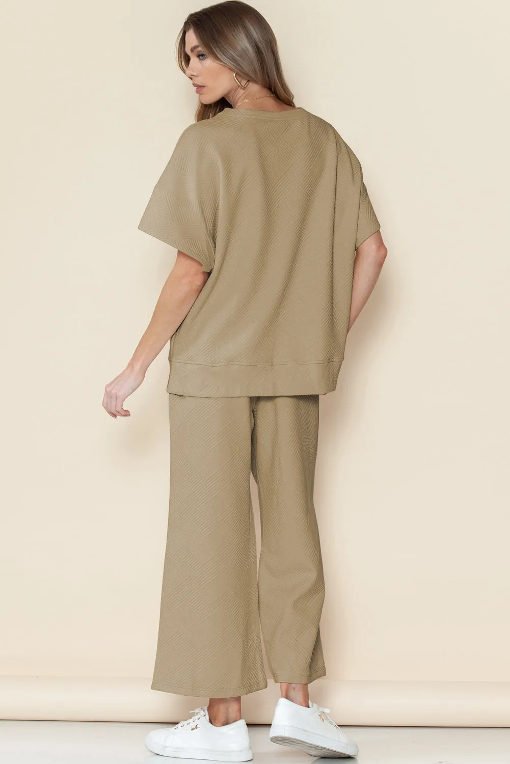 Apricot Textured Loose Fit T Shirt and Drawstring Pants Set