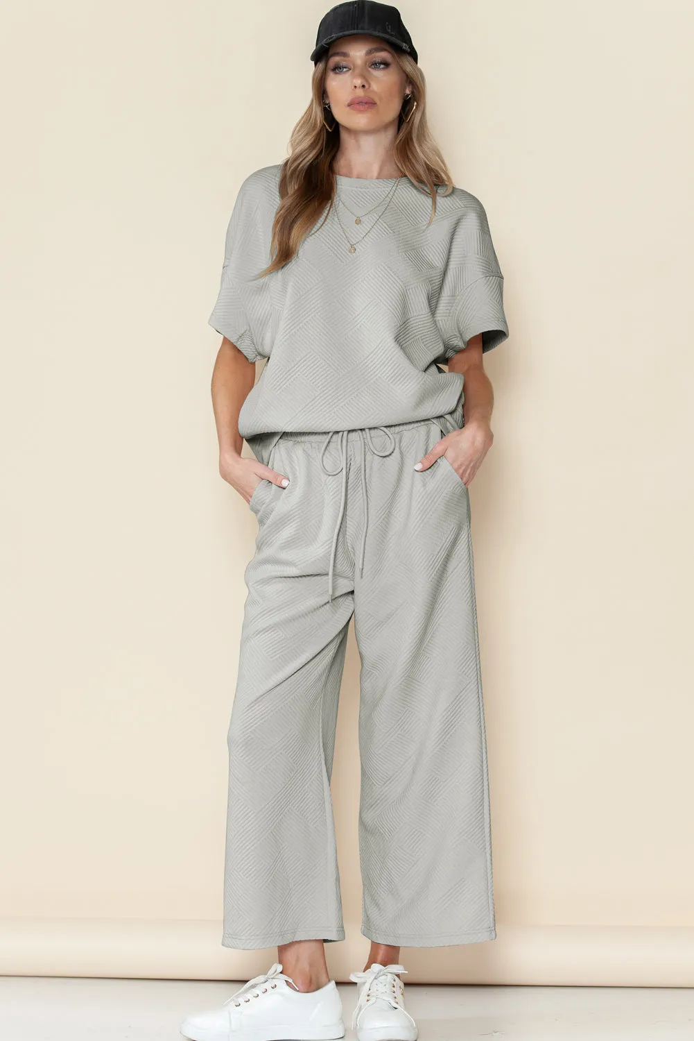 Apricot Textured Loose Fit T Shirt and Drawstring Pants Set