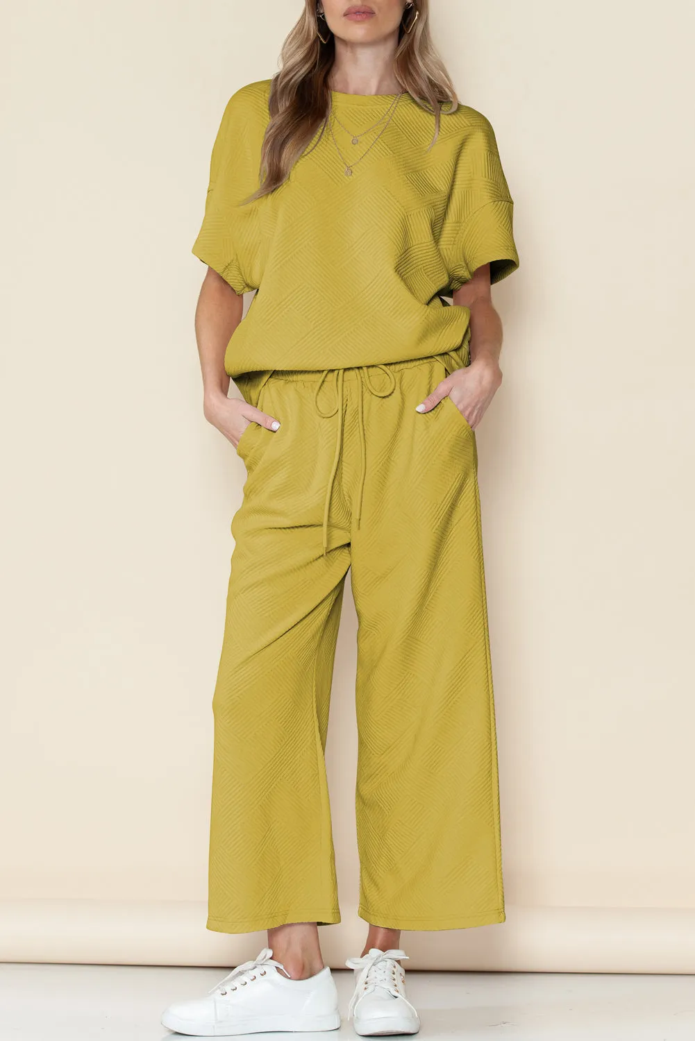 Apricot Textured Loose Fit T Shirt and Drawstring Pants Set