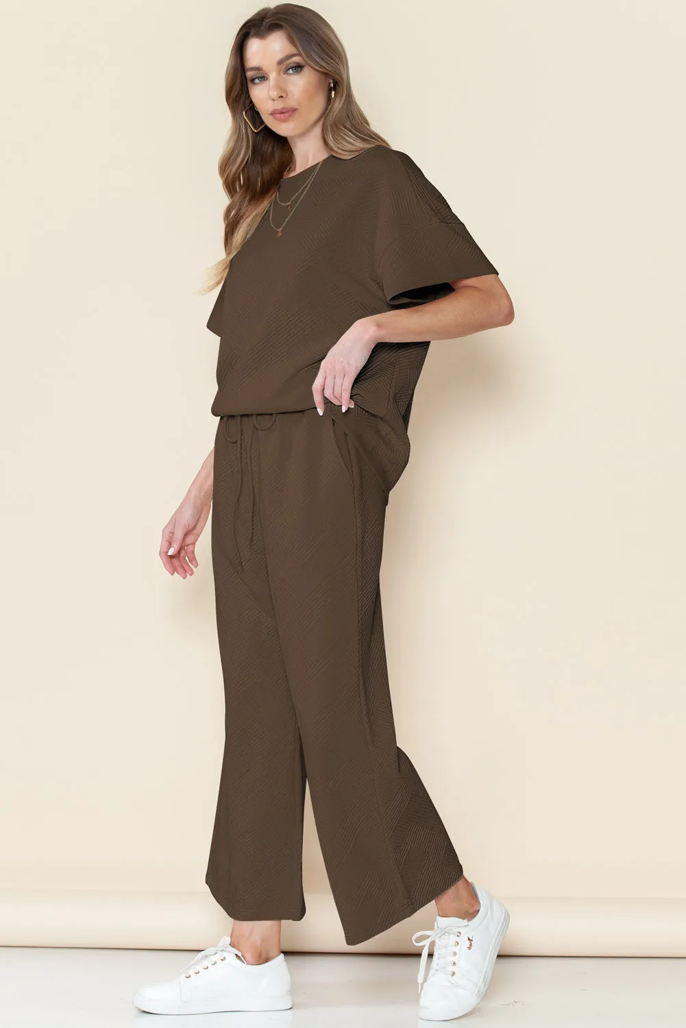 Apricot Textured Loose Fit T Shirt and Drawstring Pants Set