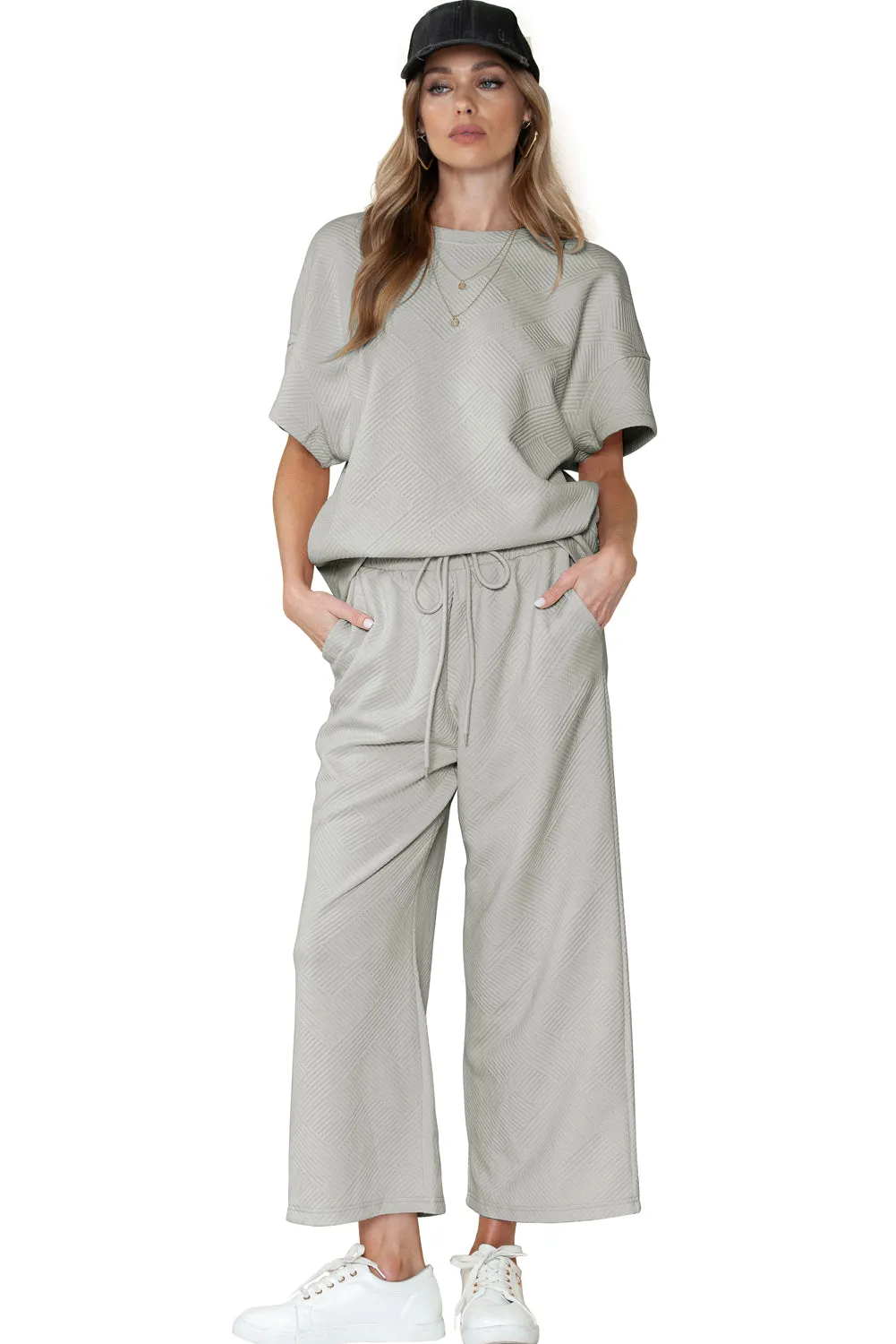 Apricot Textured Loose Fit T Shirt and Drawstring Pants Set