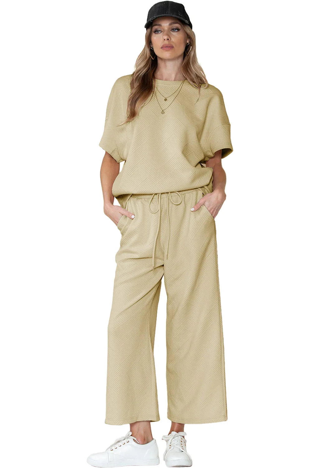 Apricot Textured Loose Fit T Shirt and Drawstring Pants Set