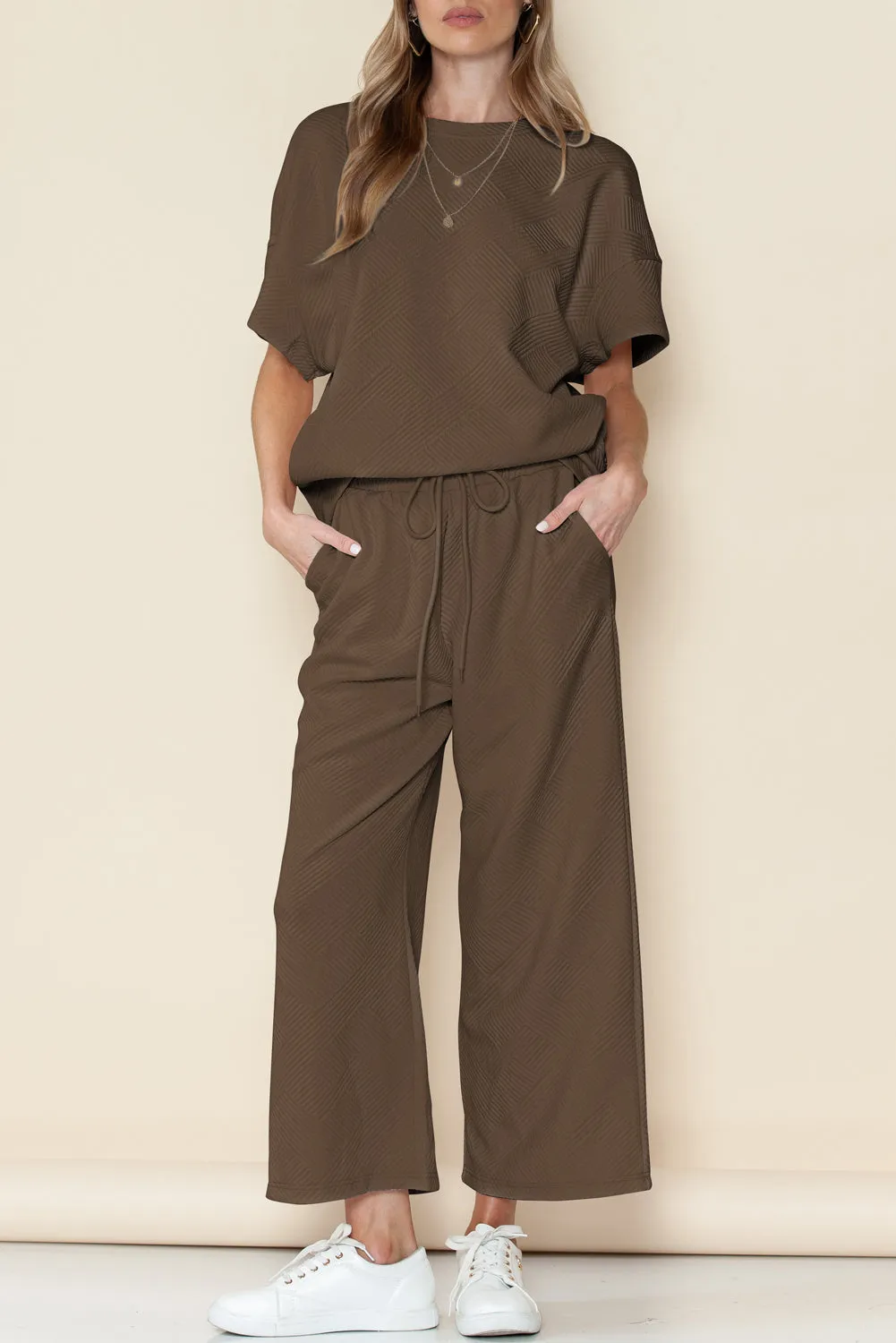 Apricot Textured Loose Fit T Shirt and Drawstring Pants Set