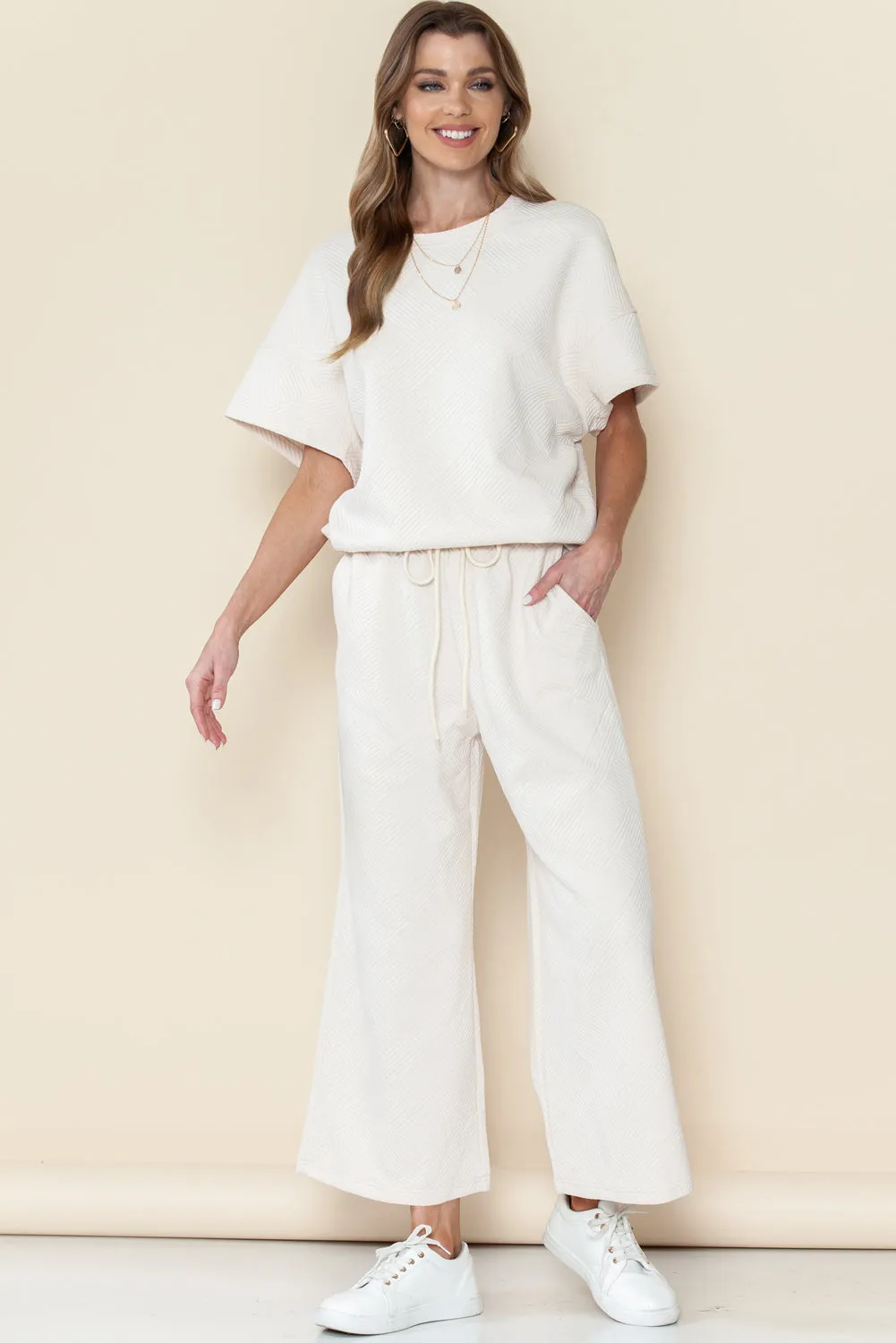 Apricot Textured Loose Fit T Shirt and Drawstring Pants Set