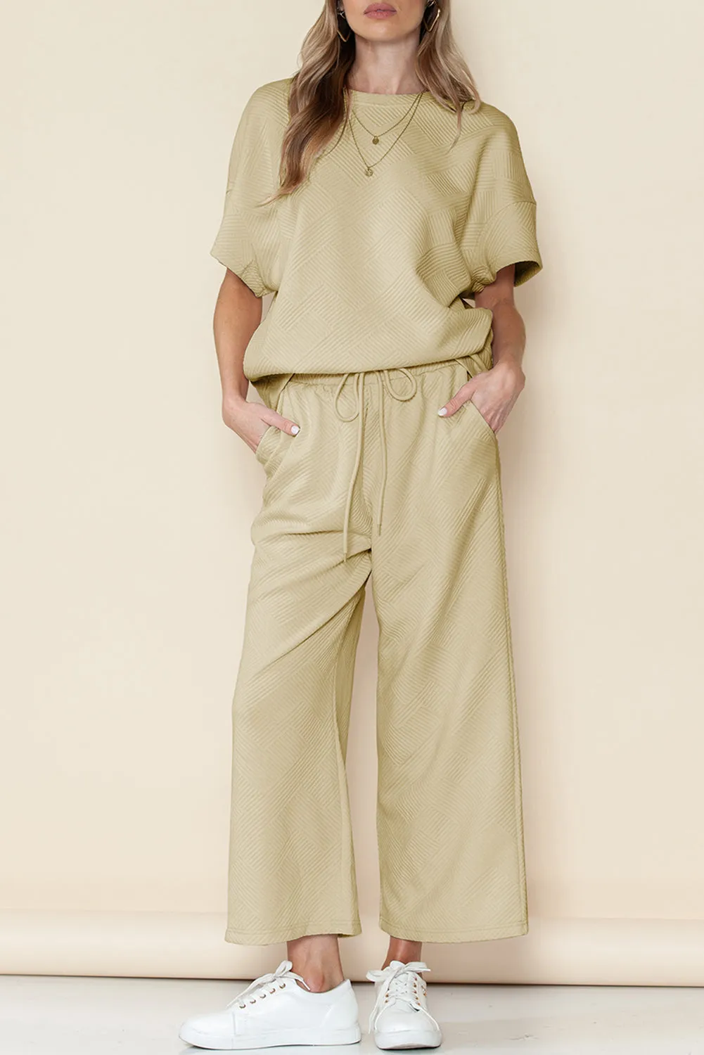 Apricot Textured Loose Fit T Shirt and Drawstring Pants Set