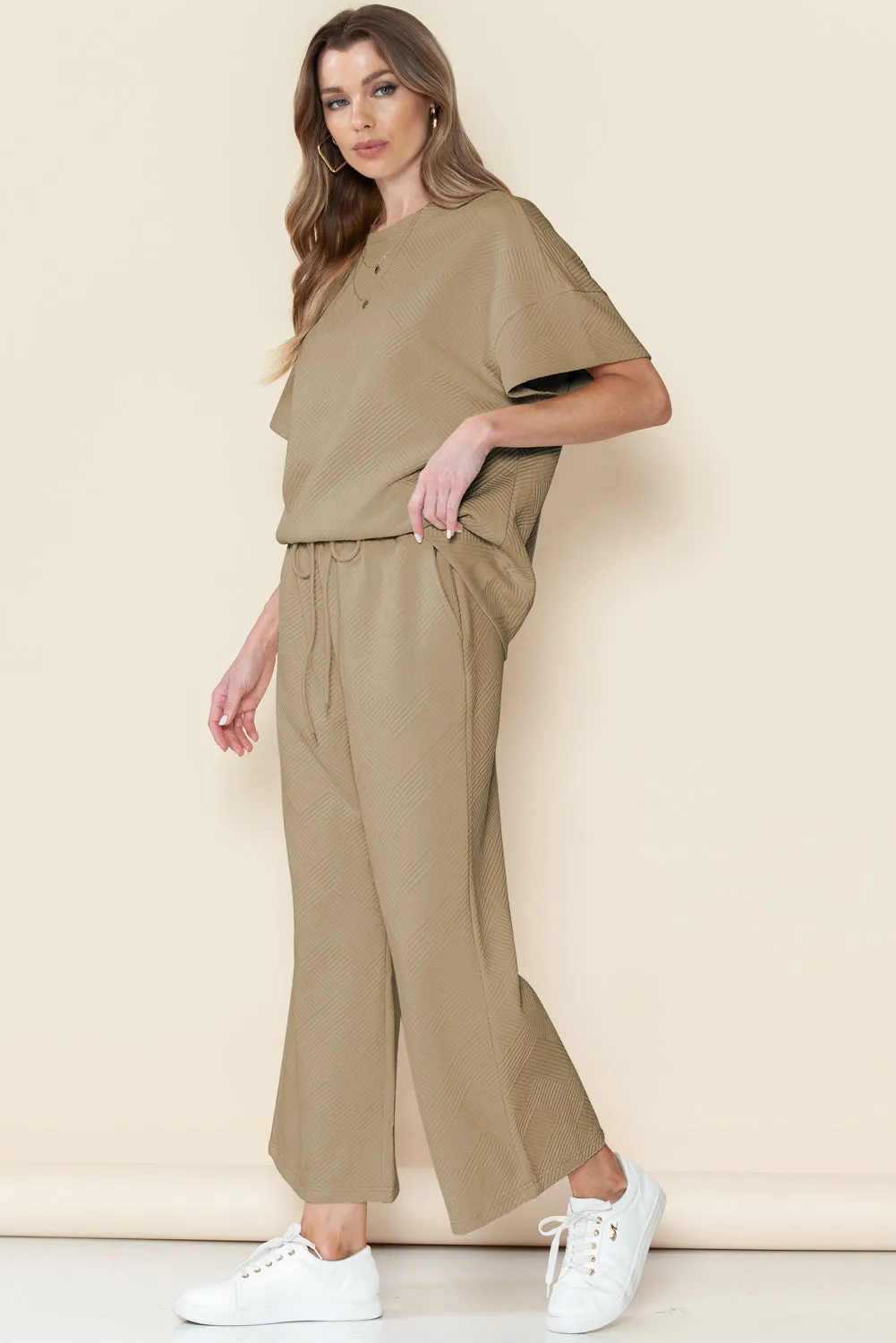 Apricot Textured Loose Fit T Shirt and Drawstring Pants Set