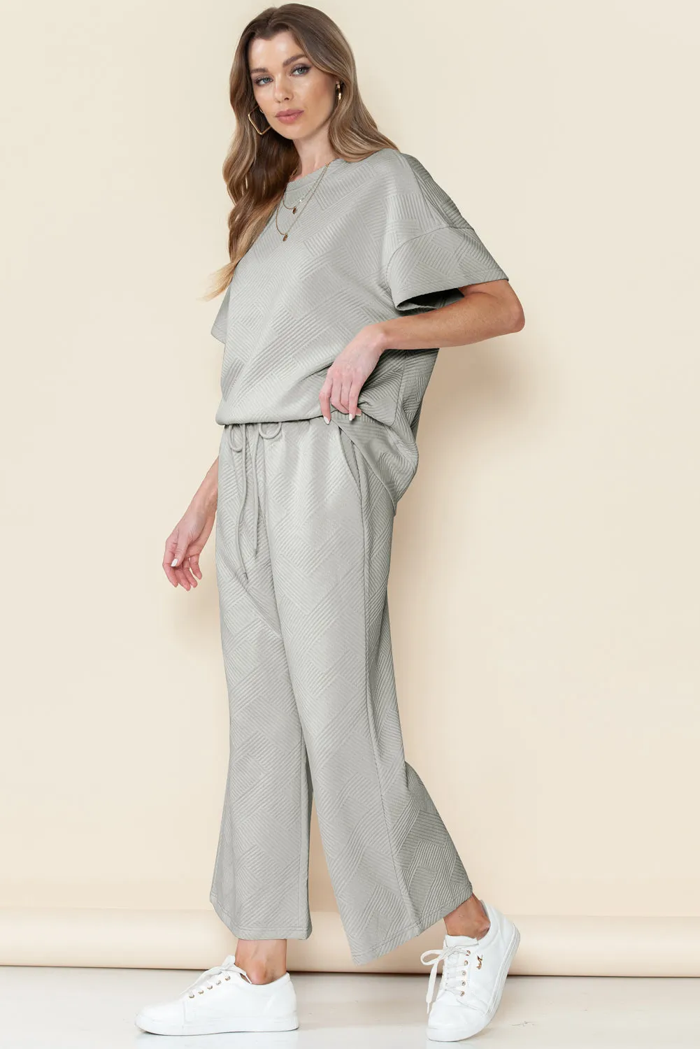 Apricot Textured Loose Fit T Shirt and Drawstring Pants Set