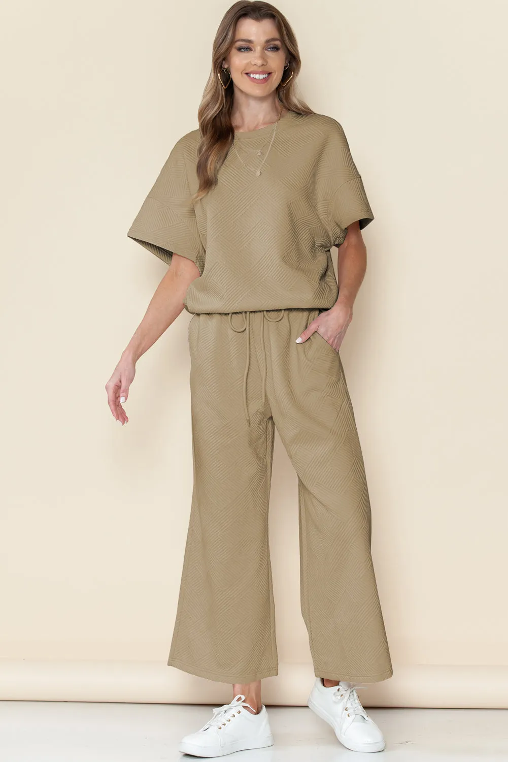 Apricot Textured Loose Fit T Shirt and Drawstring Pants Set