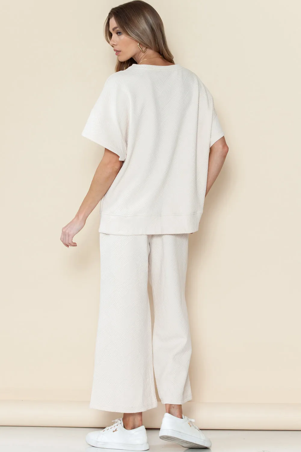 Apricot Textured Loose Fit T Shirt and Drawstring Pants Set