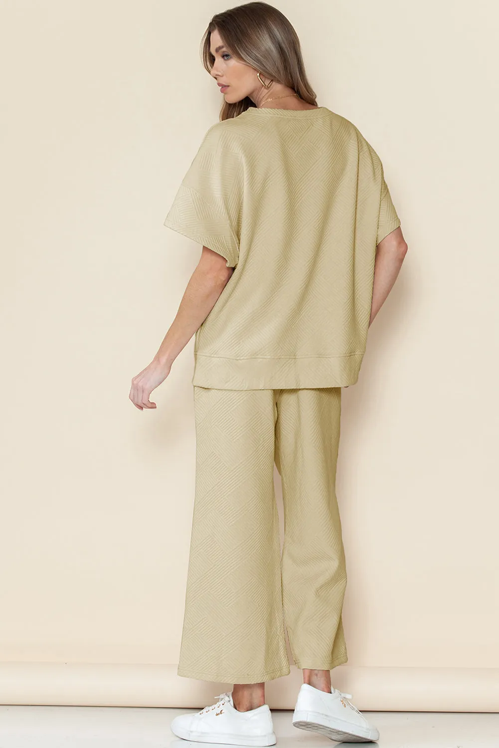 Apricot Textured Loose Fit T Shirt and Drawstring Pants Set