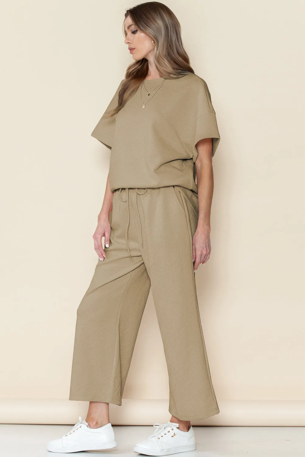 Apricot Textured Loose Fit T Shirt and Drawstring Pants Set