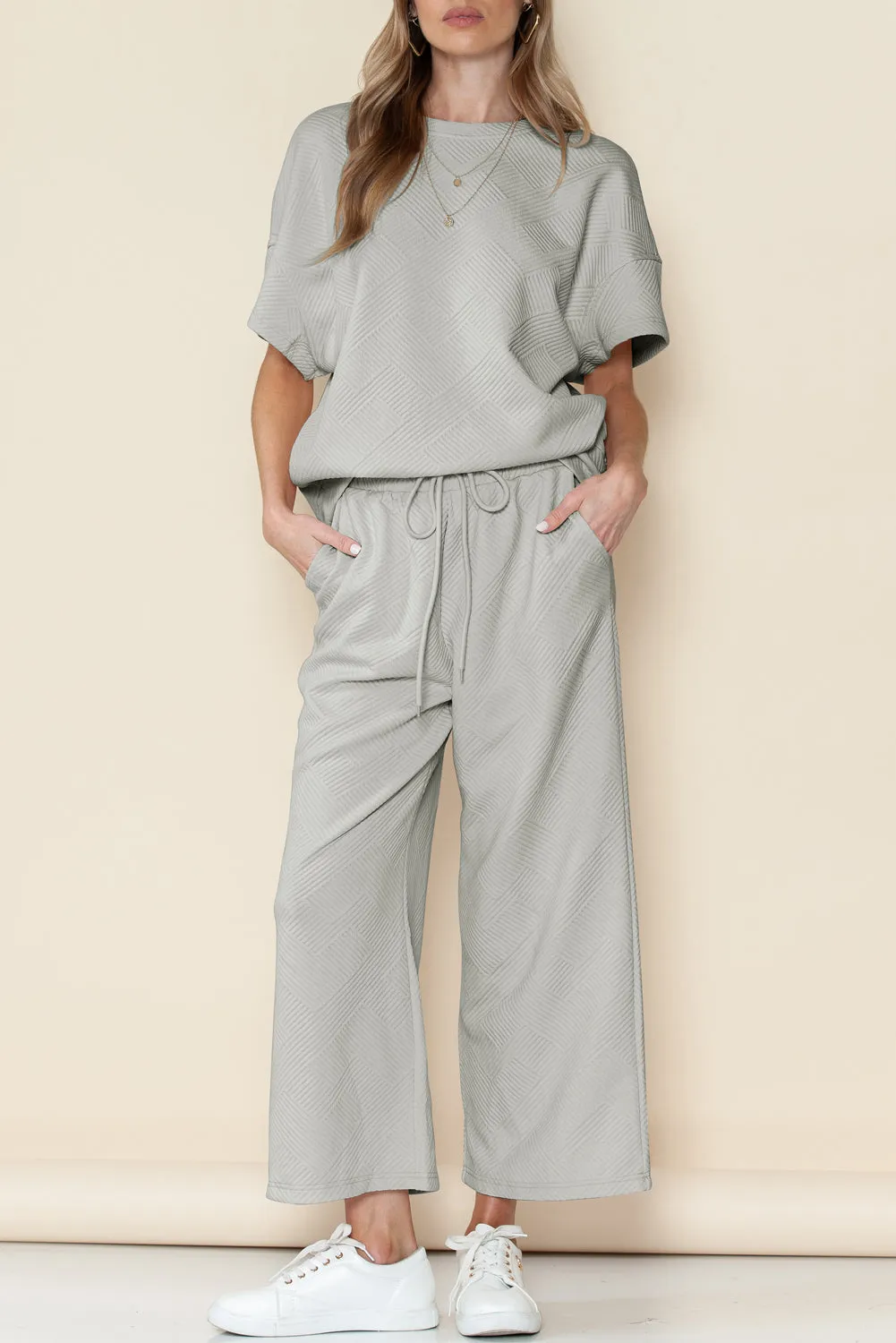 Apricot Textured Loose Fit T Shirt and Drawstring Pants Set