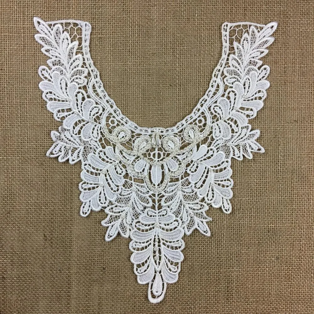 Beaded Applique Lace Piece Beautiful Hand Beaded Venise Embroidery Neckpiece Yoke. 13"x11" Bridal, Costume, DIY Sewing Crafts. ⭐