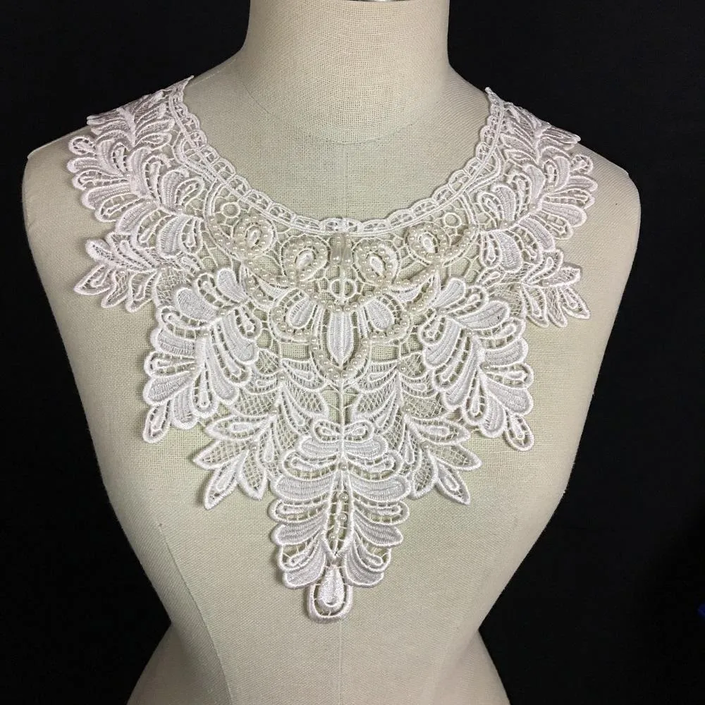 Beaded Applique Lace Piece Beautiful Hand Beaded Venise Embroidery Neckpiece Yoke. 13"x11" Bridal, Costume, DIY Sewing Crafts. ⭐