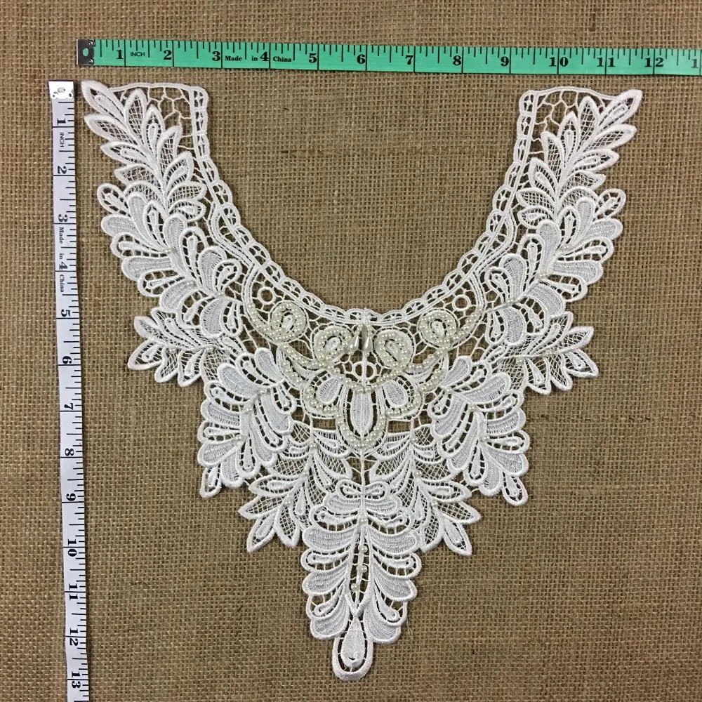 Beaded Applique Lace Piece Beautiful Hand Beaded Venise Embroidery Neckpiece Yoke. 13"x11" Bridal, Costume, DIY Sewing Crafts. ⭐