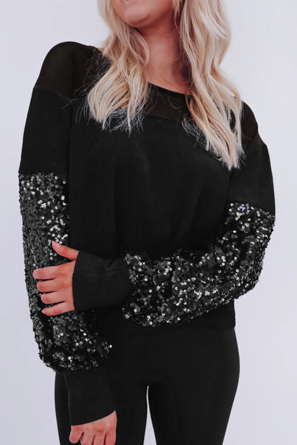 Black Sequin Patchwork Lantern Sleeve Blouse