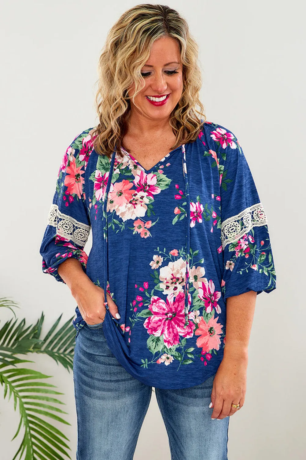 Blue Plus Size Lace Patch 3/4 Sleeve Split Neck Floral Top