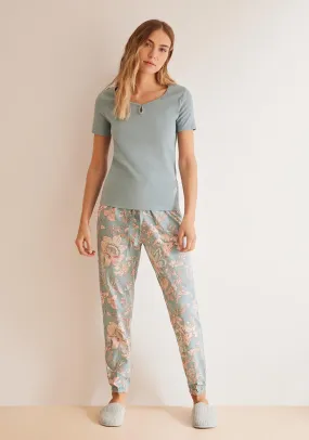 Blue pyjamas in 100% cotton with floral print bottoms - Blue