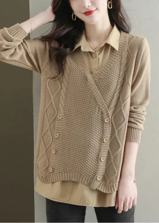 Boutique Khaki Oversized Patchwork Knit Fake Two Piece Tops Fall OO015