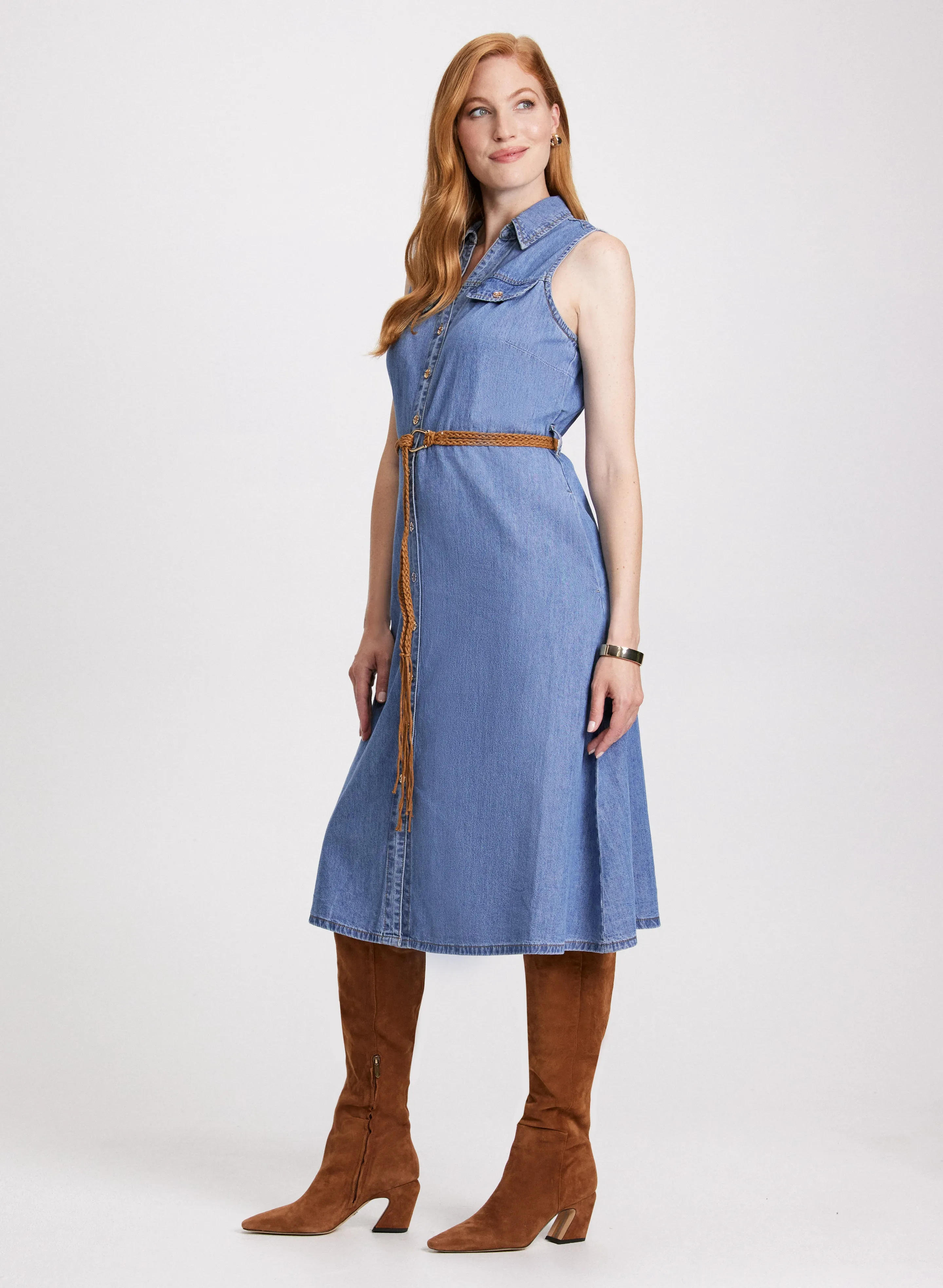 Button-Up Belted Denim Dress