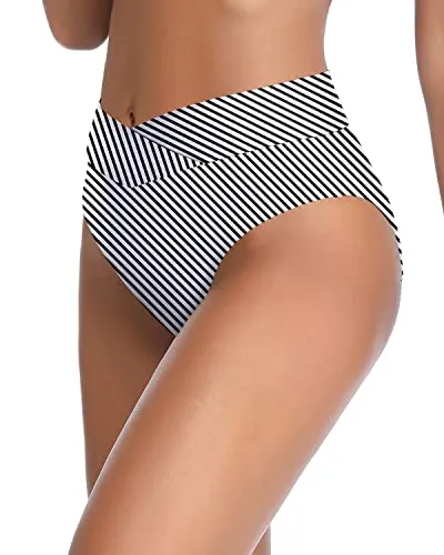 Cheeky Bikini Bottom With V Cut And Twist Swim Bottom-Black And White Stripe