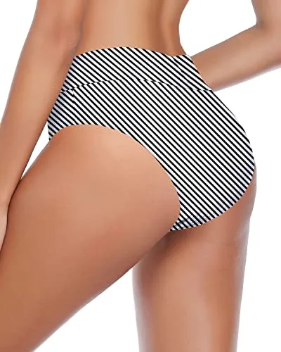 Cheeky Bikini Bottom With V Cut And Twist Swim Bottom-Black And White Stripe