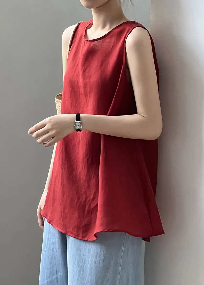 Chic Red Lace Up Solid Cotton Tops Sleeveless QE046