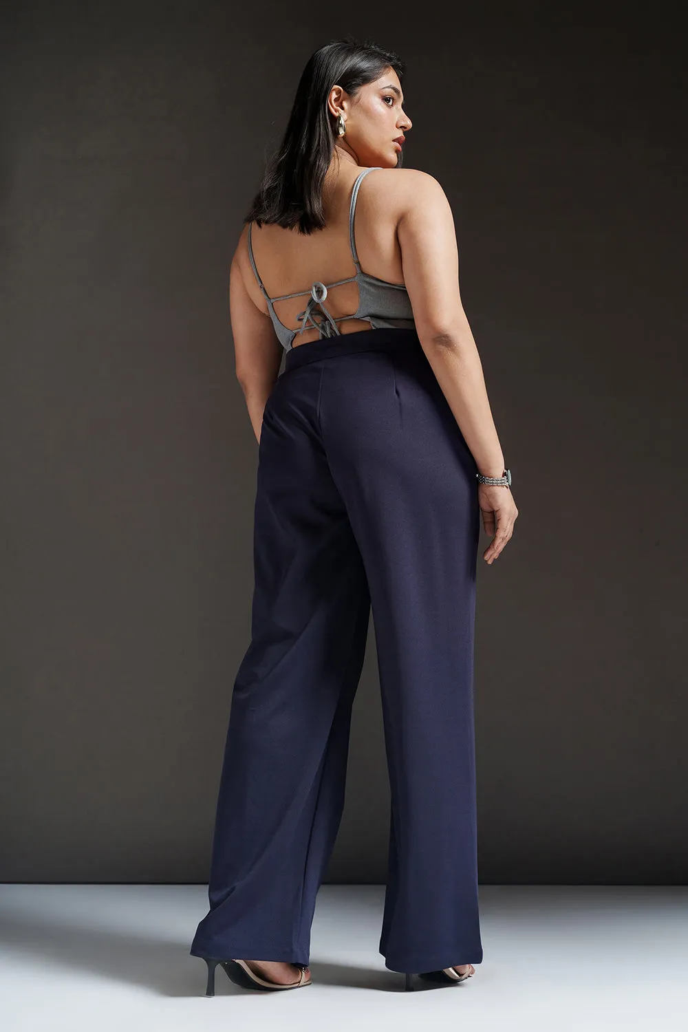 Cosmic Navy Curve Textured Korean Pants