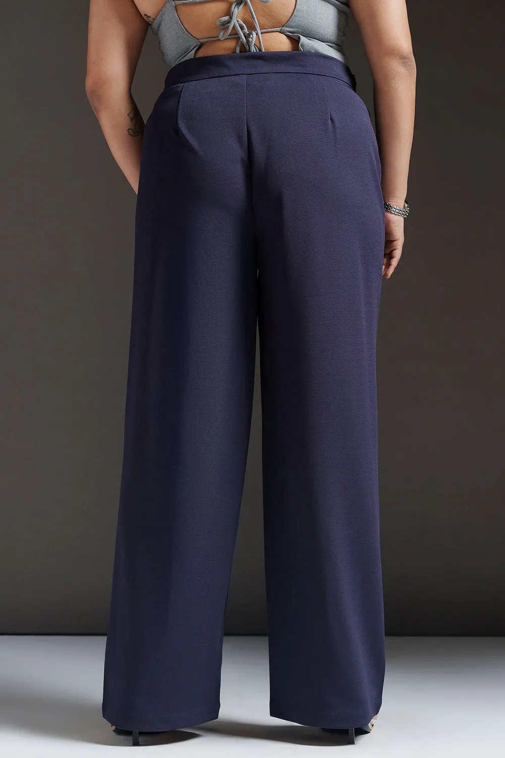 Cosmic Navy Curve Textured Korean Pants