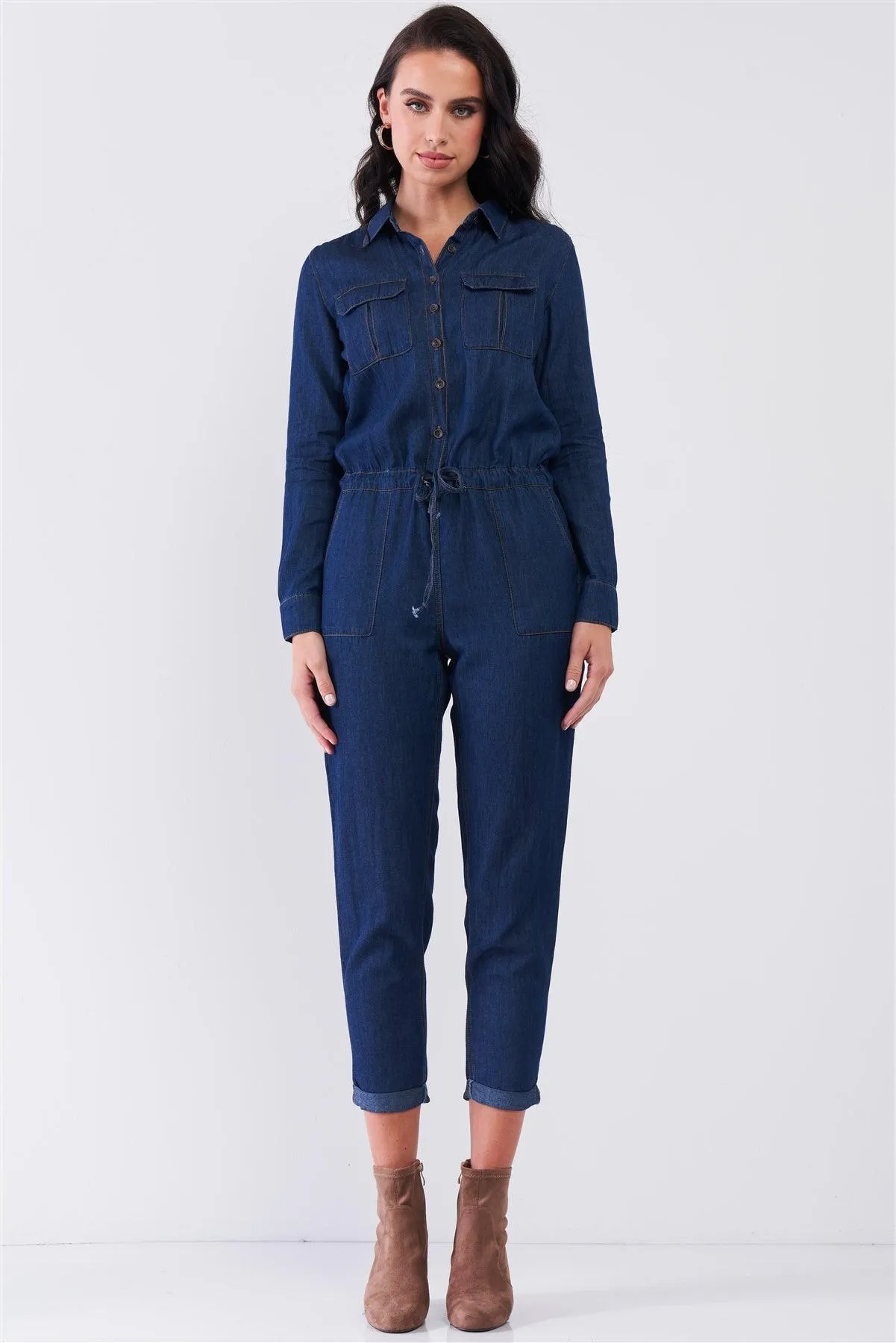 Dark Blue Long Sleeve Button Down Front Self-Tie Waist Denim Jumpsuit /1-3-2-1