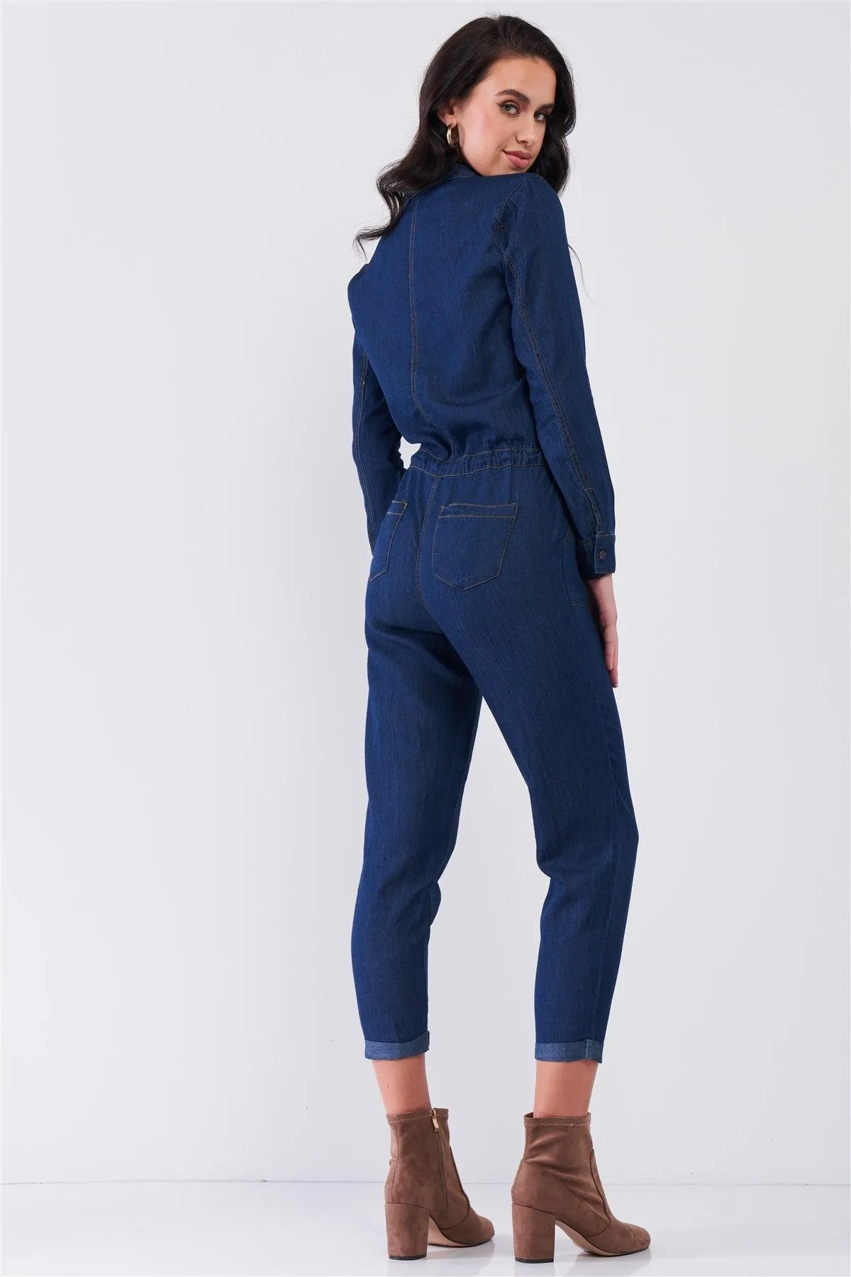 Dark Blue Long Sleeve Button Down Front Self-Tie Waist Denim Jumpsuit /1-3-2-1