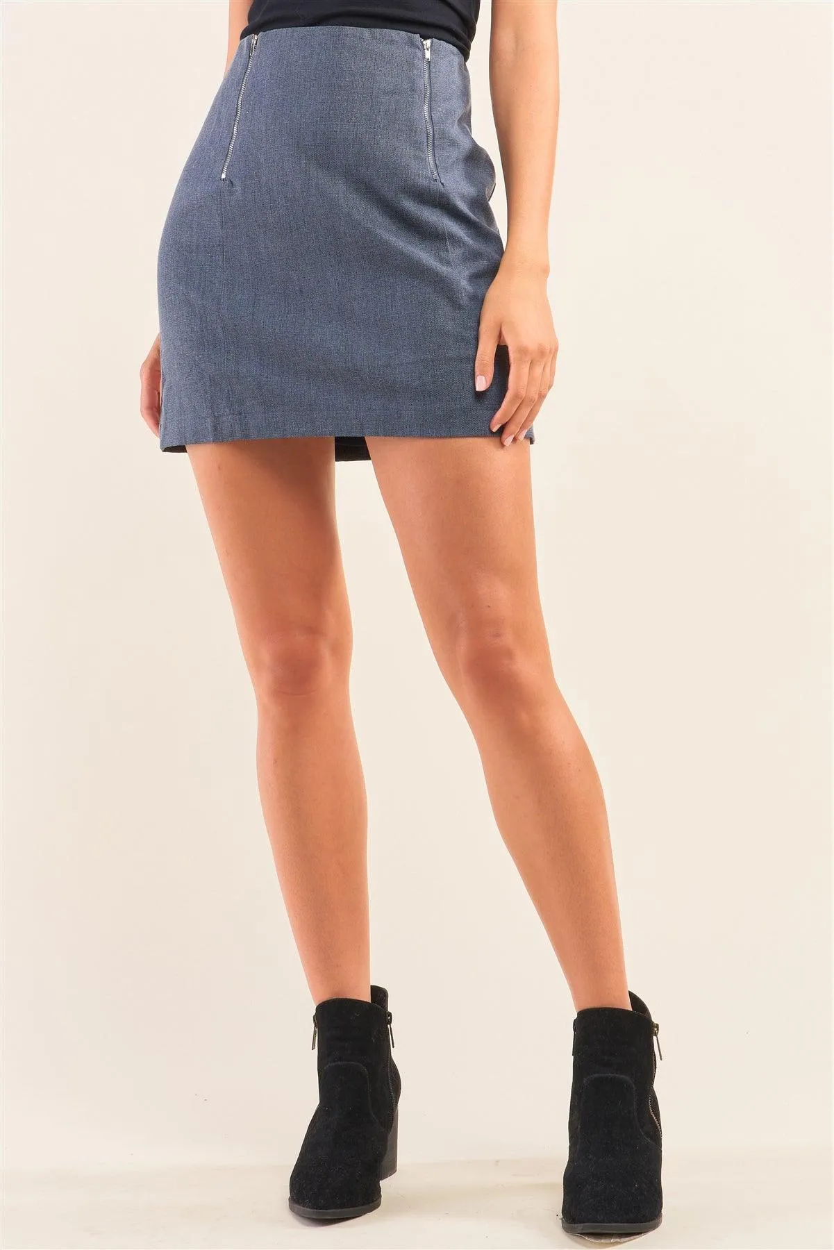 Denim Blue Minimalistic High Waist Tight Fit Front Zippers Mini Skirt /3-2